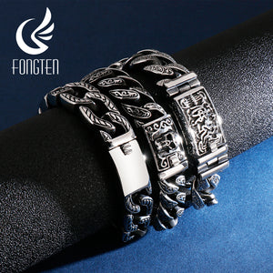 Fongten Budha Cuban Bracelet Men Stainless Steel Retro Link Chain Skull Punk Bracelets For Man Jewelry